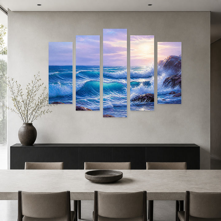 Morning Waves in Serene Light — five-panel wall art in alternate frontal interior | 5wallart 54451 M4