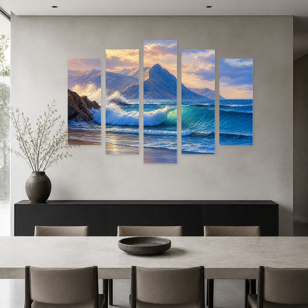 Seascape in Blue and Gold — five-panel wall art in frontal interior | 5wallart 54452 M3