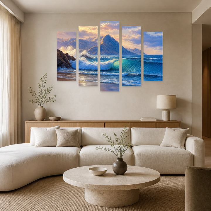 Seascape in Blue and Gold — five-panel wall art in alternate frontal interior | 5wallart 54452 M4