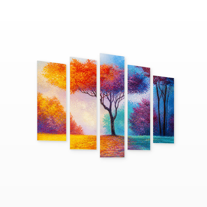 Colorful Autumn Forest in Serene Light — five-panel wall art on white background in perspective | 5wallart 54453 M1