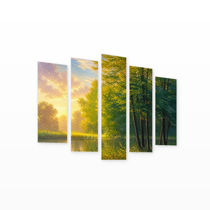 Landscape with River in Serene Light — five-panel wall art on white background in perspective | 5wallart 54454 M1