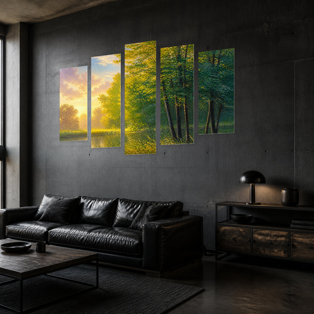 Landscape with River in Serene Light — five-panel wall art in perspective interior | 5wallart 54454 M2