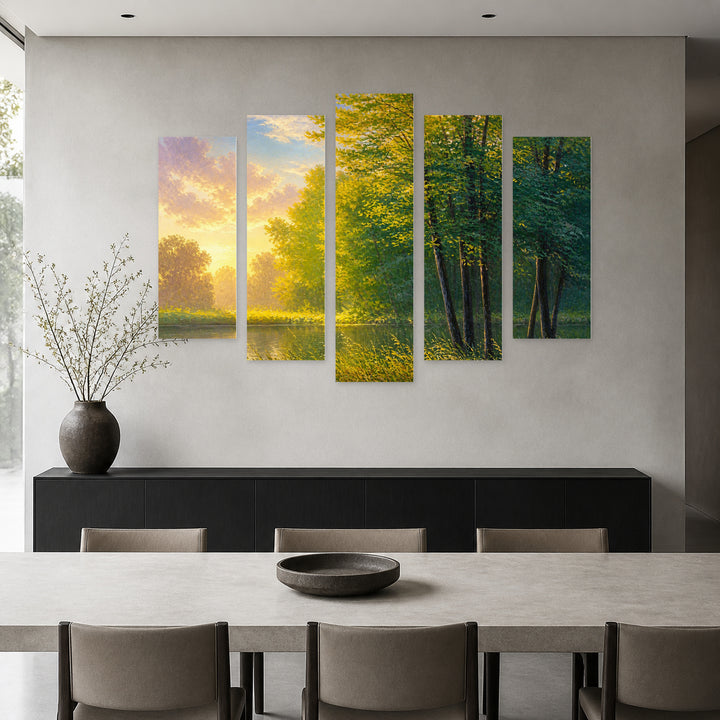 Landscape with River in Serene Light — five-panel wall art in frontal interior | 5wallart 54454 M3