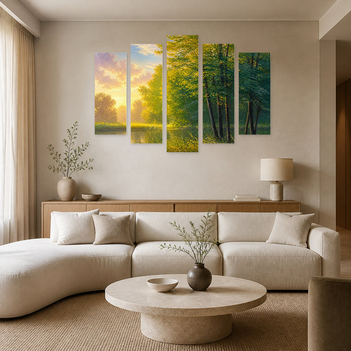 Landscape with River in Serene Light — five-panel wall art in alternate frontal interior | 5wallart 54454 M4