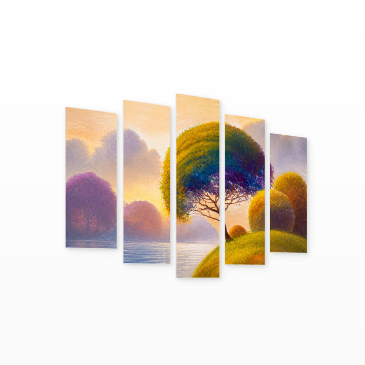 Landscape with Colorful Forest and River Landscape Study — five-panel wall art on white background in perspective | 5wallart 54455 M1