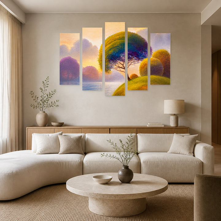 Landscape with Colorful Forest and River Landscape Study — five-panel wall art in frontal interior | 5wallart 54455 M3