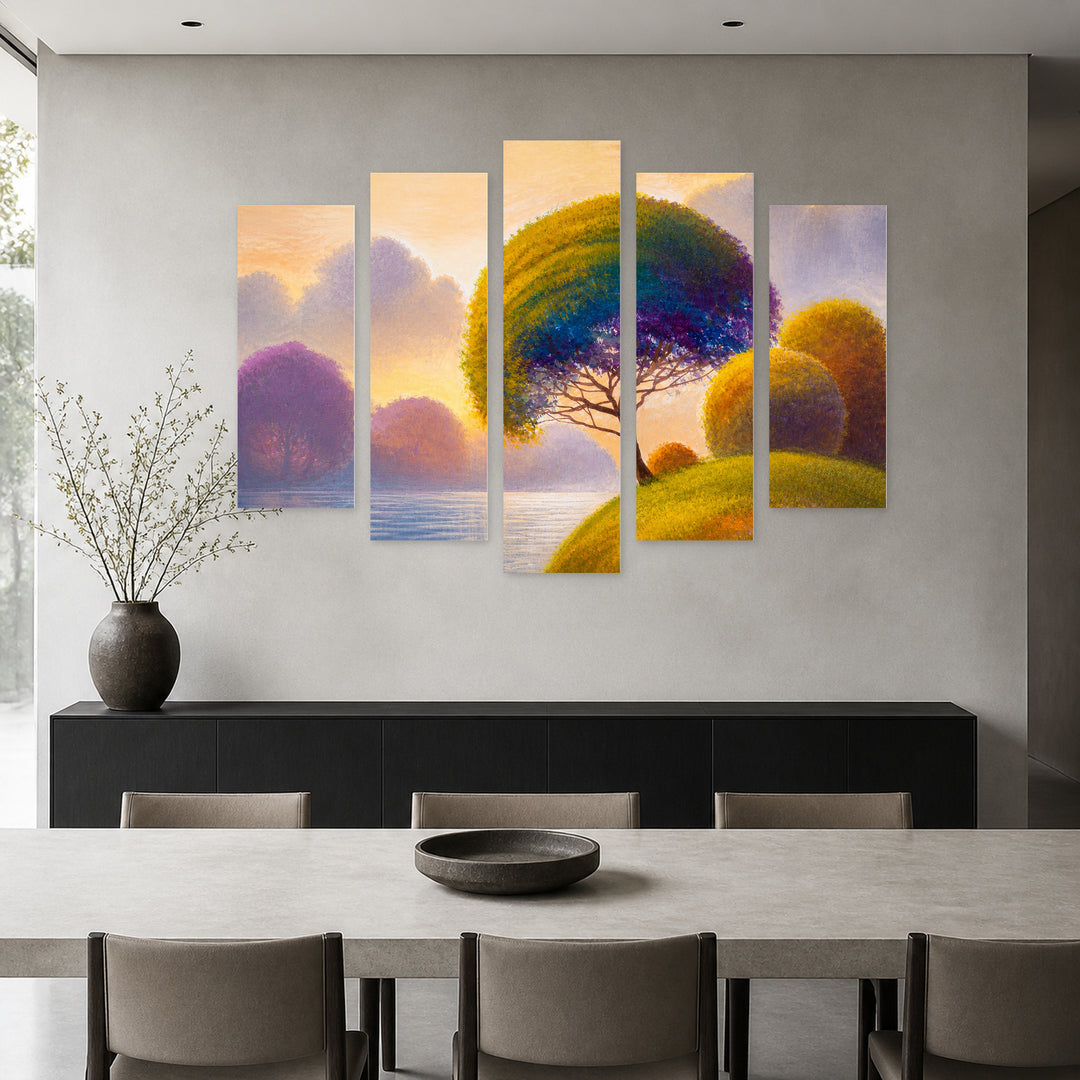 Landscape with Colorful Forest and River Landscape Study — five-panel wall art in alternate frontal interior | 5wallart 54455 M4