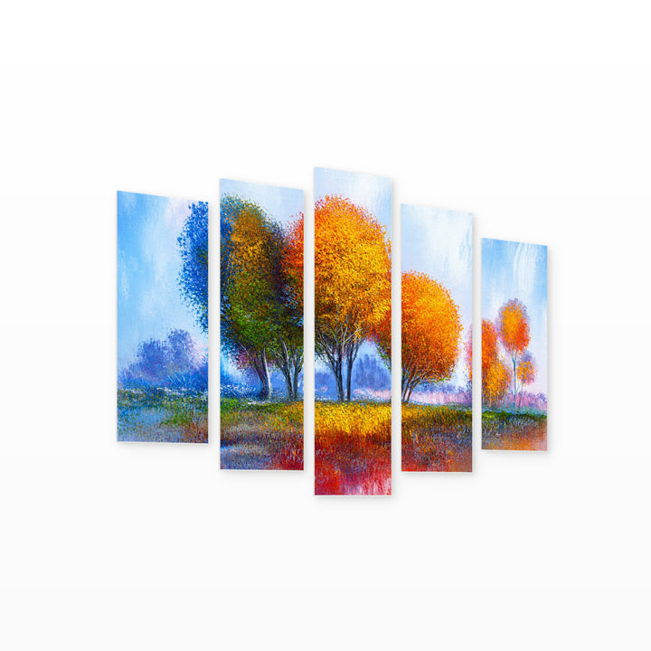 Landscape with Colorful Trees with Dreamlike Atmosphere — five-panel wall art on white background in perspective | 5wallart 54456 M1
