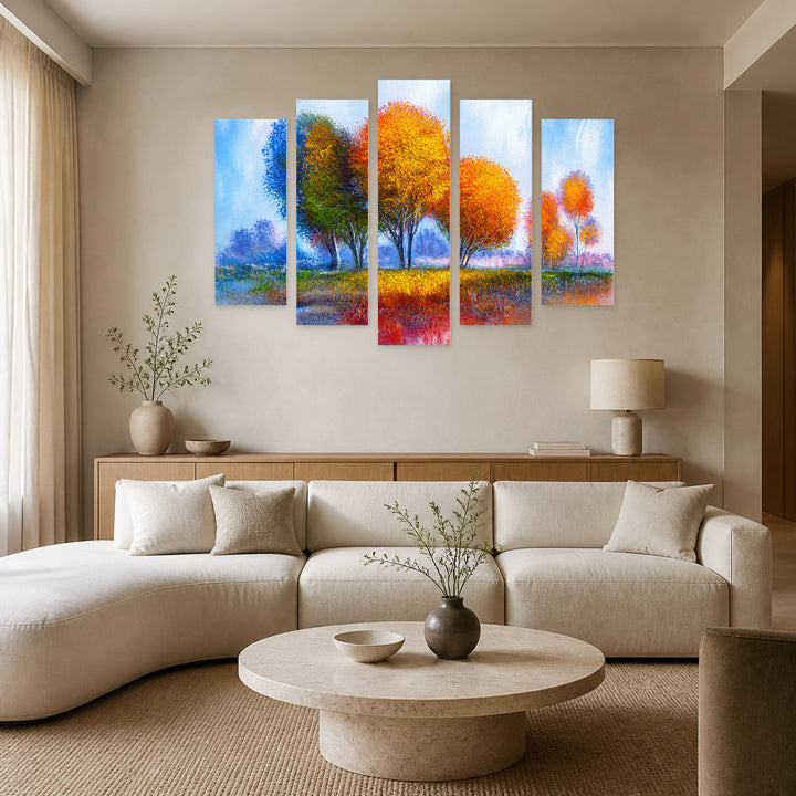 Landscape with Colorful Trees with Dreamlike Atmosphere — five-panel wall art in alternate frontal interior | 5wallart 54456 M4