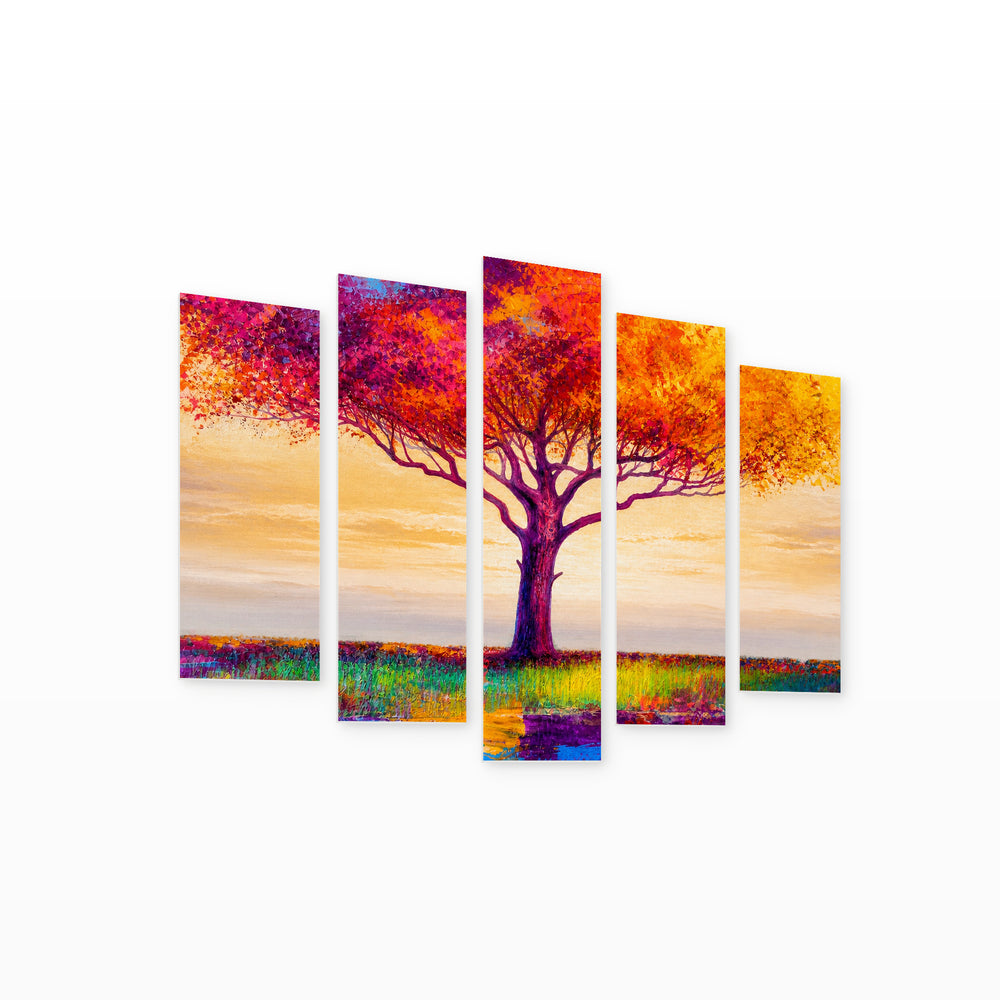 Landscape with Colorful Abstract Tree with Geometric Rhythm — five-panel wall art on white background in perspective | 5wallart 54457 M1