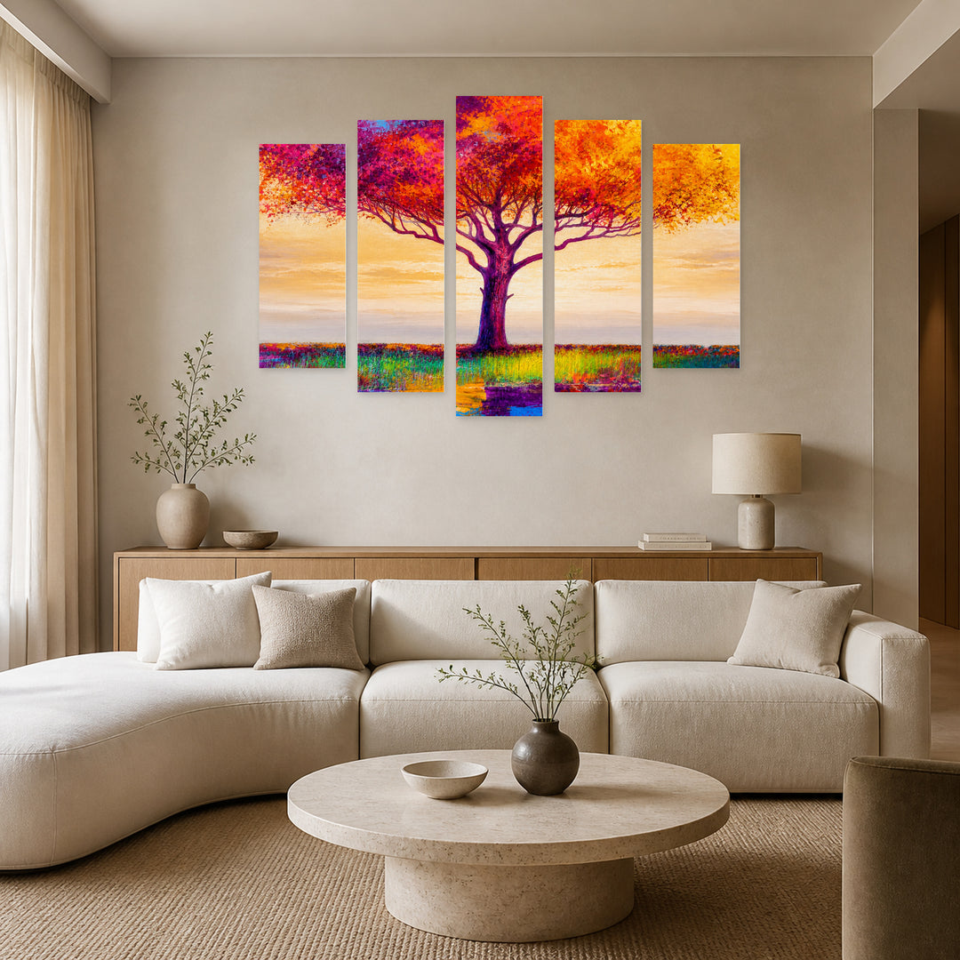 Landscape with Colorful Abstract Tree with Geometric Rhythm — five-panel wall art in frontal interior | 5wallart 54457 M3