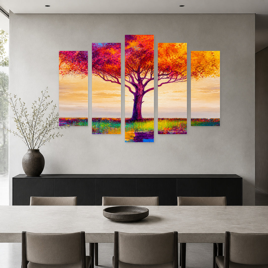 Landscape with Colorful Abstract Tree with Geometric Rhythm — five-panel wall art in alternate frontal interior | 5wallart 54457 M4