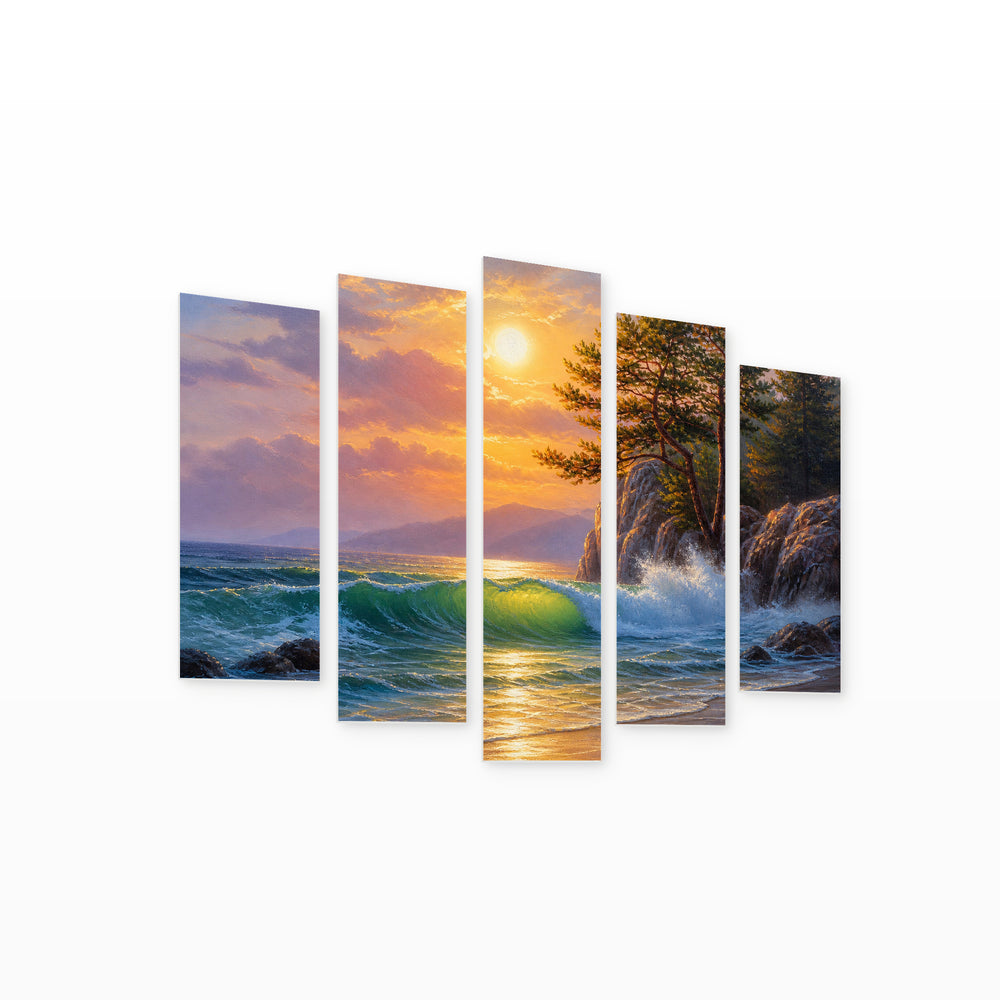 Morning Sea and Forest in Serene Light — five-panel wall art on white background in perspective | 5wallart 54458 M1