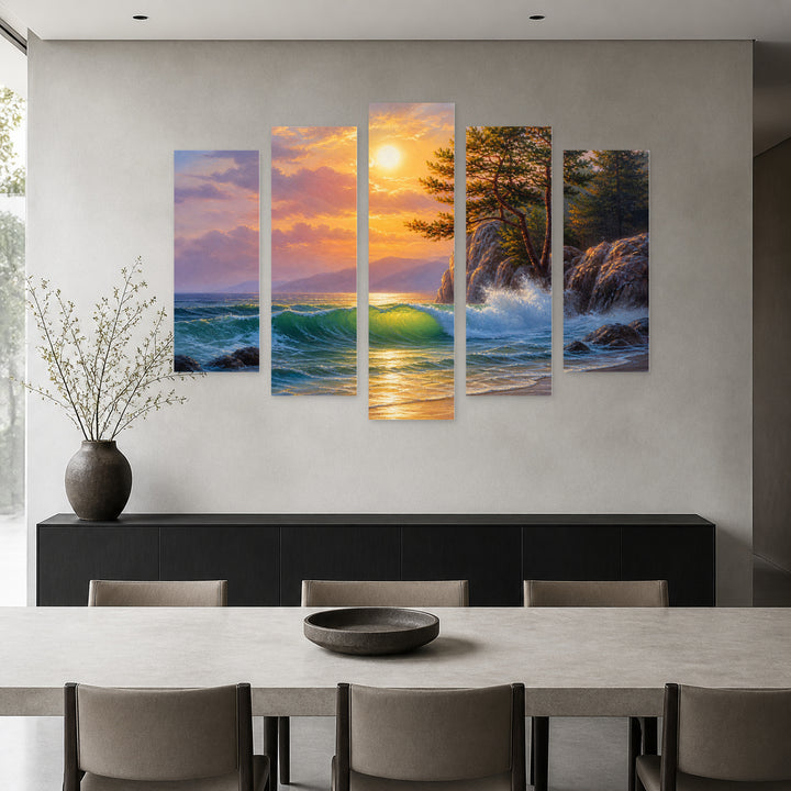 Morning Sea and Forest in Serene Light — five-panel wall art in frontal interior | 5wallart 54458 M3