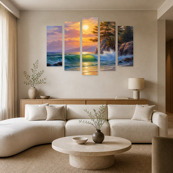 Morning Sea and Forest in Serene Light — five-panel wall art in alternate frontal interior | 5wallart 54458 M4