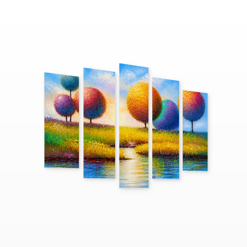 Abstract Trees on the Riverbank Landscape Study — five-panel wall art on white background in perspective | 5wallart 54459 M1