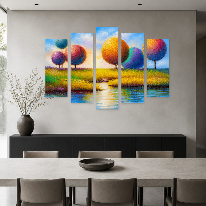Abstract Trees on the Riverbank Landscape Study — five-panel wall art in alternate frontal interior | 5wallart 54459 M4