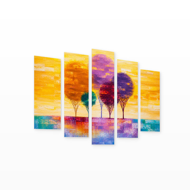 Landscape with Abstract Trees in Blue and Gold — five-panel wall art on white background in perspective | 5wallart 54460 M1