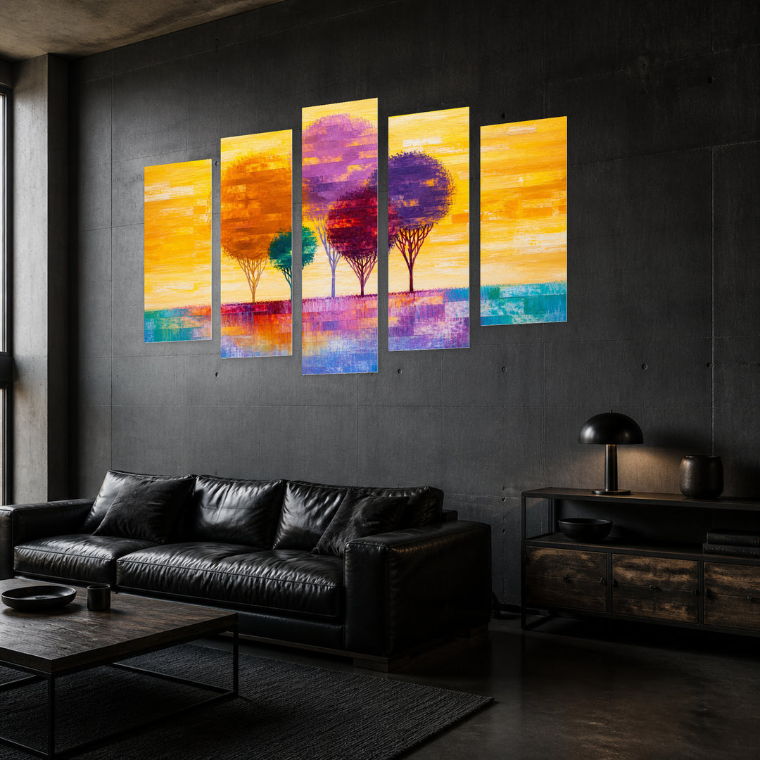 Landscape with Abstract Trees in Blue and Gold — five-panel wall art in perspective interior | 5wallart 54460 M2