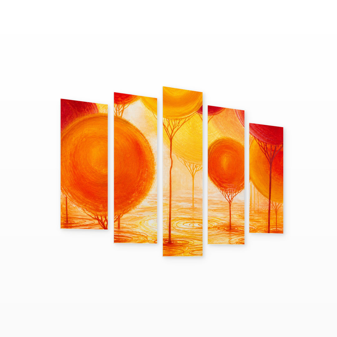Landscape Painting with Decorative Trees with Geometric Rhythm — five-panel wall art on white background in perspective | 5wallart 54461 M1