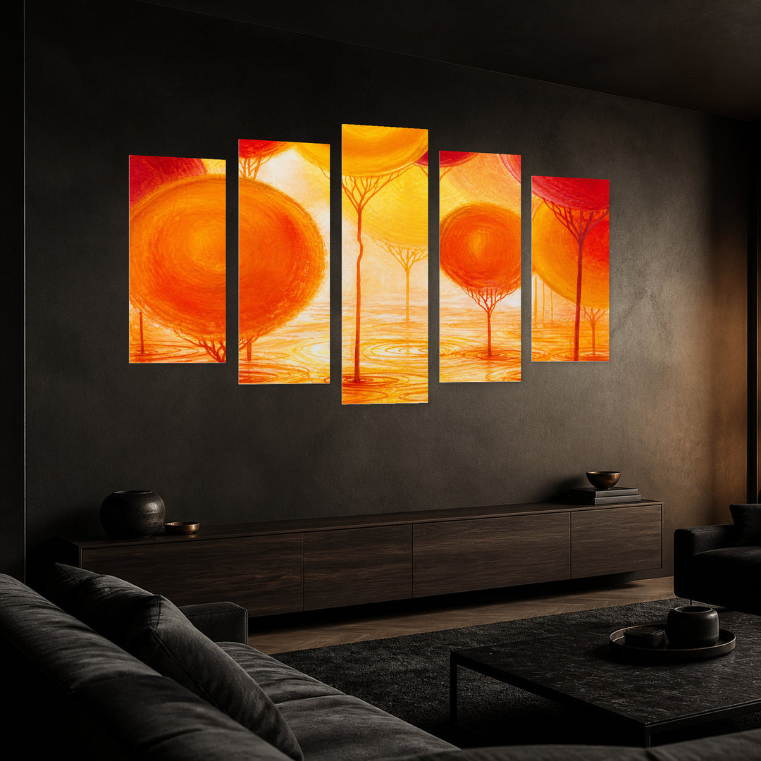 Landscape Painting with Decorative Trees with Geometric Rhythm — five-panel wall art in perspective interior | 5wallart 54461 M2