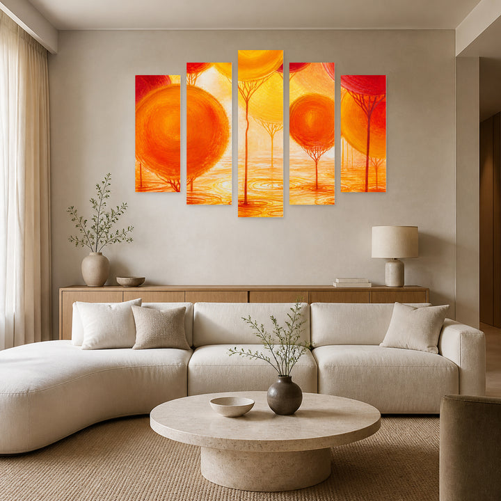 Landscape Painting with Decorative Trees with Geometric Rhythm — five-panel wall art in frontal interior | 5wallart 54461 M3