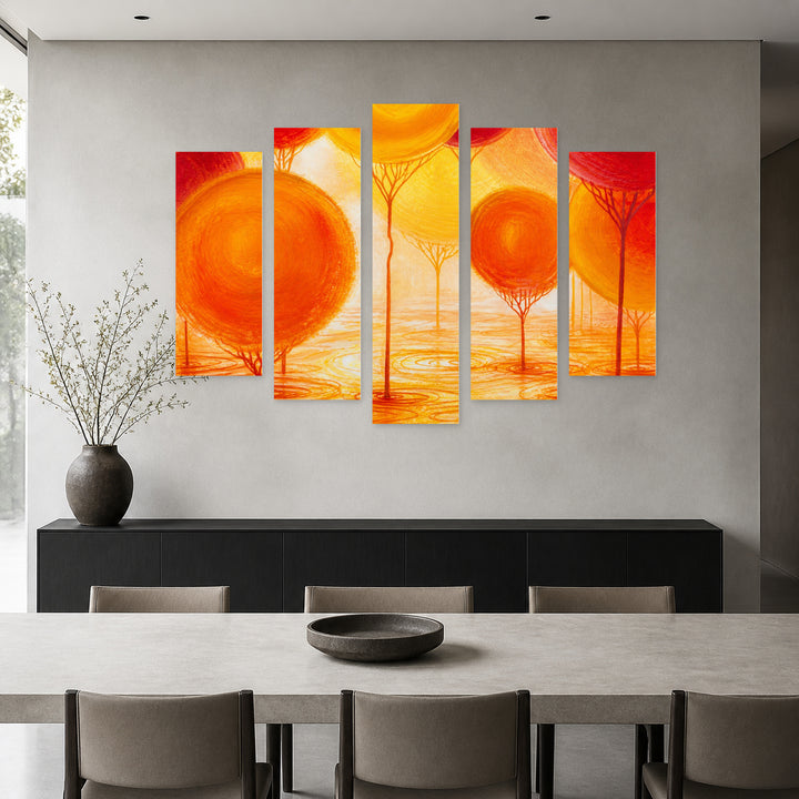 Landscape Painting with Decorative Trees with Geometric Rhythm — five-panel wall art in alternate frontal interior | 5wallart 54461 M4