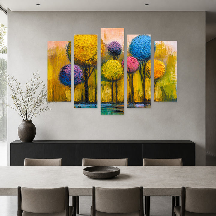 Landscape with Colorful Forest in Blue and Gold — five-panel wall art in frontal interior | 5wallart 54462 M3