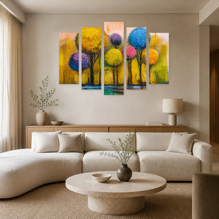 Landscape with Colorful Forest in Blue and Gold — five-panel wall art in alternate frontal interior | 5wallart 54462 M4