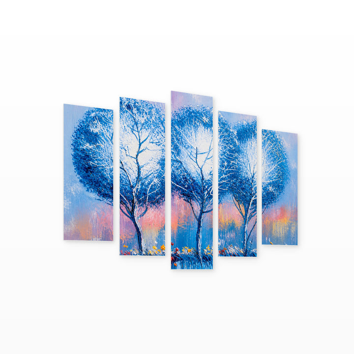 Landscape with Winter Trees with Geometric Rhythm — five-panel wall art on white background in perspective | 5wallart 54463 M1
