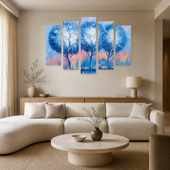 Landscape with Winter Trees with Geometric Rhythm — five-panel wall art in frontal interior | 5wallart 54463 M3
