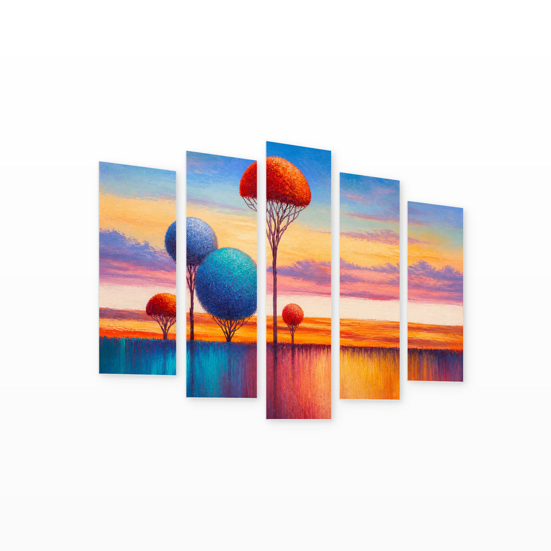 Lonely Trees by the River in Serene Light — five-panel wall art on white background in perspective | 5wallart 54464 M1