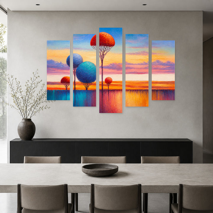 Lonely Trees by the River in Serene Light — five-panel wall art in frontal interior | 5wallart 54464 M3