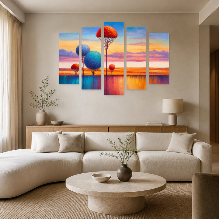 Lonely Trees by the River in Serene Light — five-panel wall art in alternate frontal interior | 5wallart 54464 M4