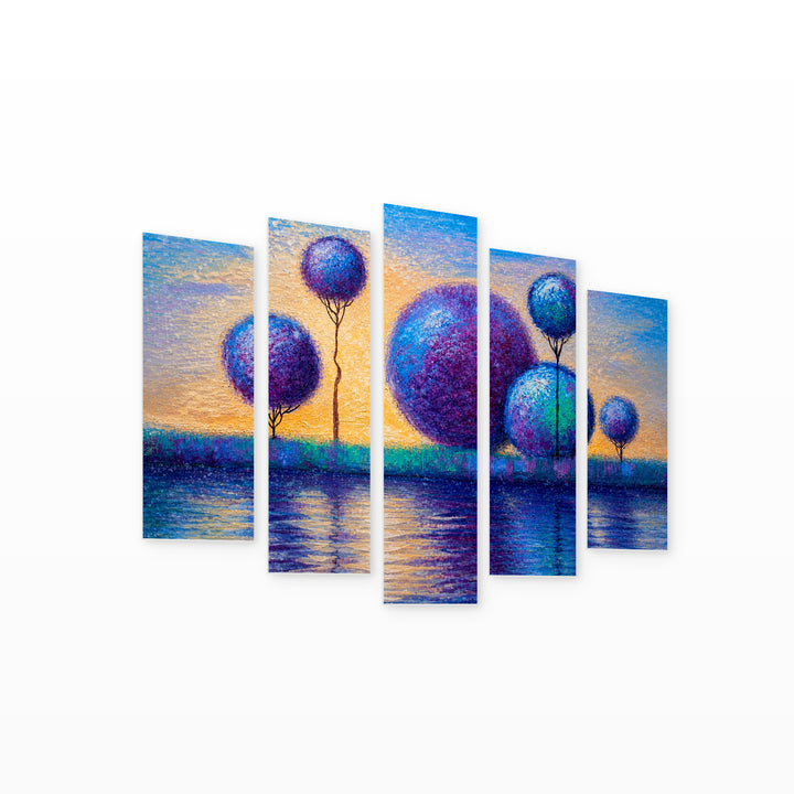 Abstract Trees in Blue and Gold — five-panel wall art on white background in perspective | 5wallart 54466 M1