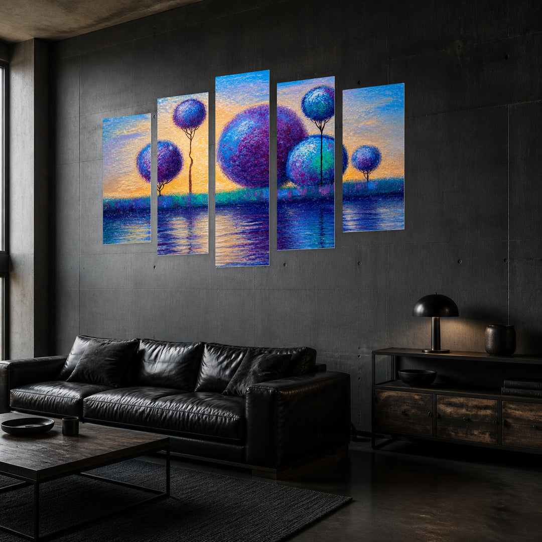 Abstract Trees in Blue and Gold — five-panel wall art in perspective interior | 5wallart 54466 M2