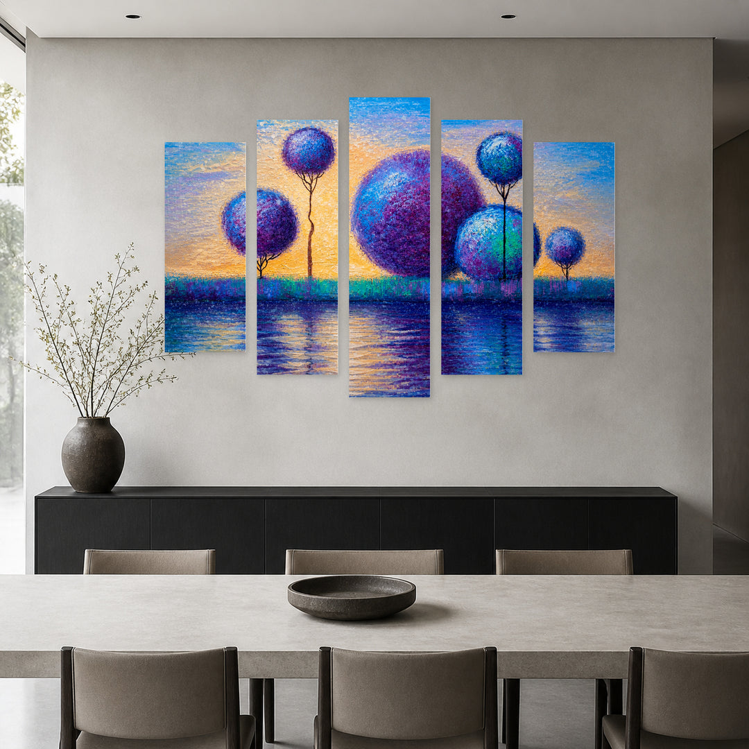 Abstract Trees in Blue and Gold — five-panel wall art in frontal interior | 5wallart 54466 M3