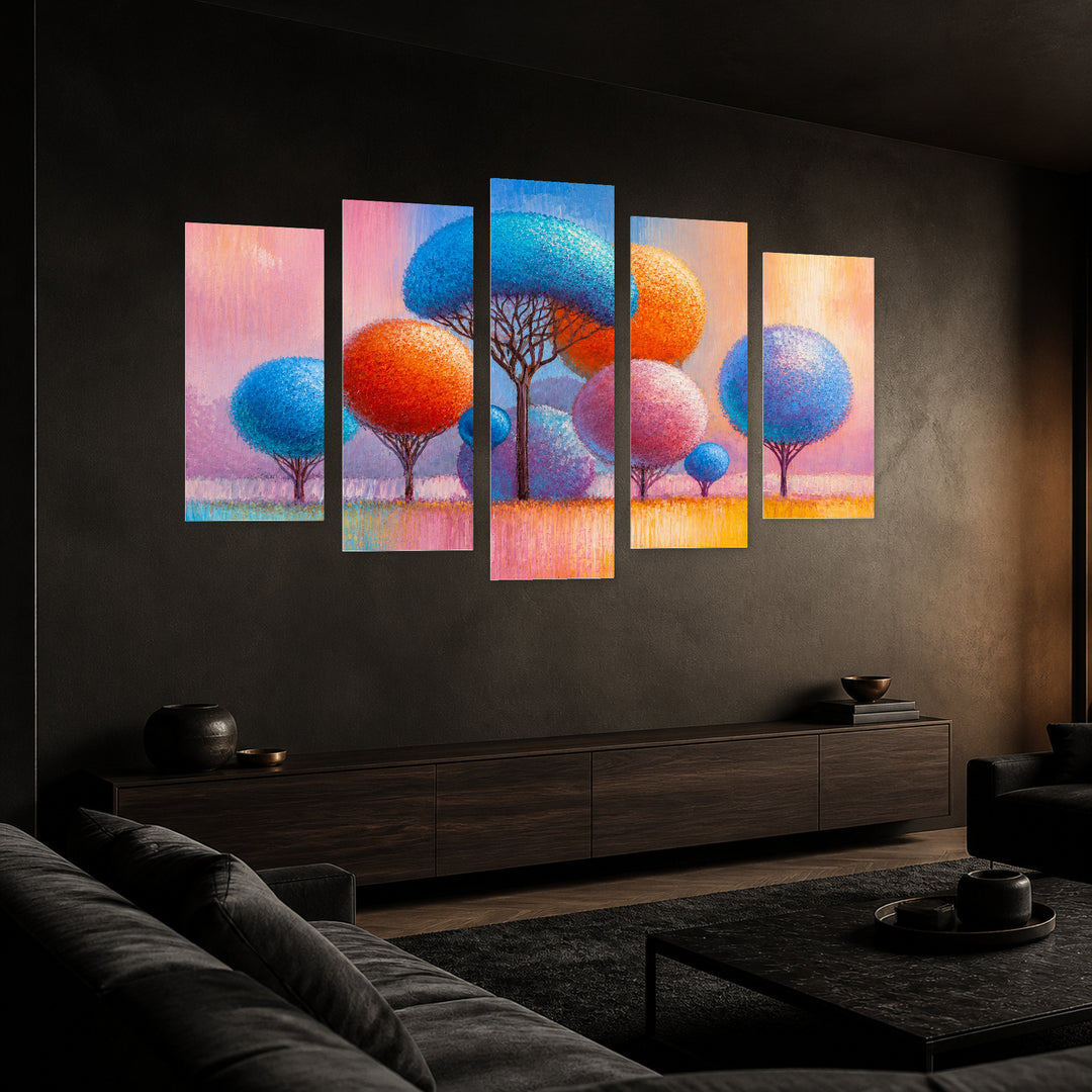 Landscape with Trees with Dreamlike Atmosphere — five-panel wall art in perspective interior | 5wallart 54467 M2