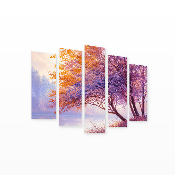Landscape with Colorful Autumn Forest with Dreamlike Atmosphere — five-panel wall art on white background in perspective | 5wallart 54468 M1
