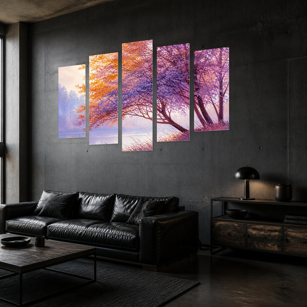 Landscape with Colorful Autumn Forest with Dreamlike Atmosphere — five-panel wall art in perspective interior | 5wallart 54468 M2