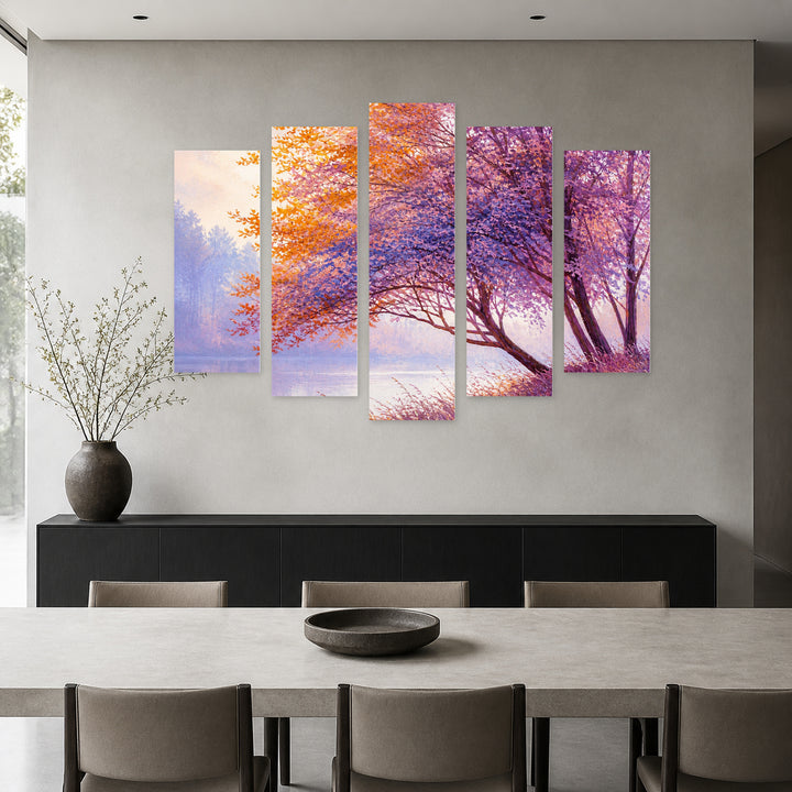 Landscape with Colorful Autumn Forest with Dreamlike Atmosphere — five-panel wall art in frontal interior | 5wallart 54468 M3
