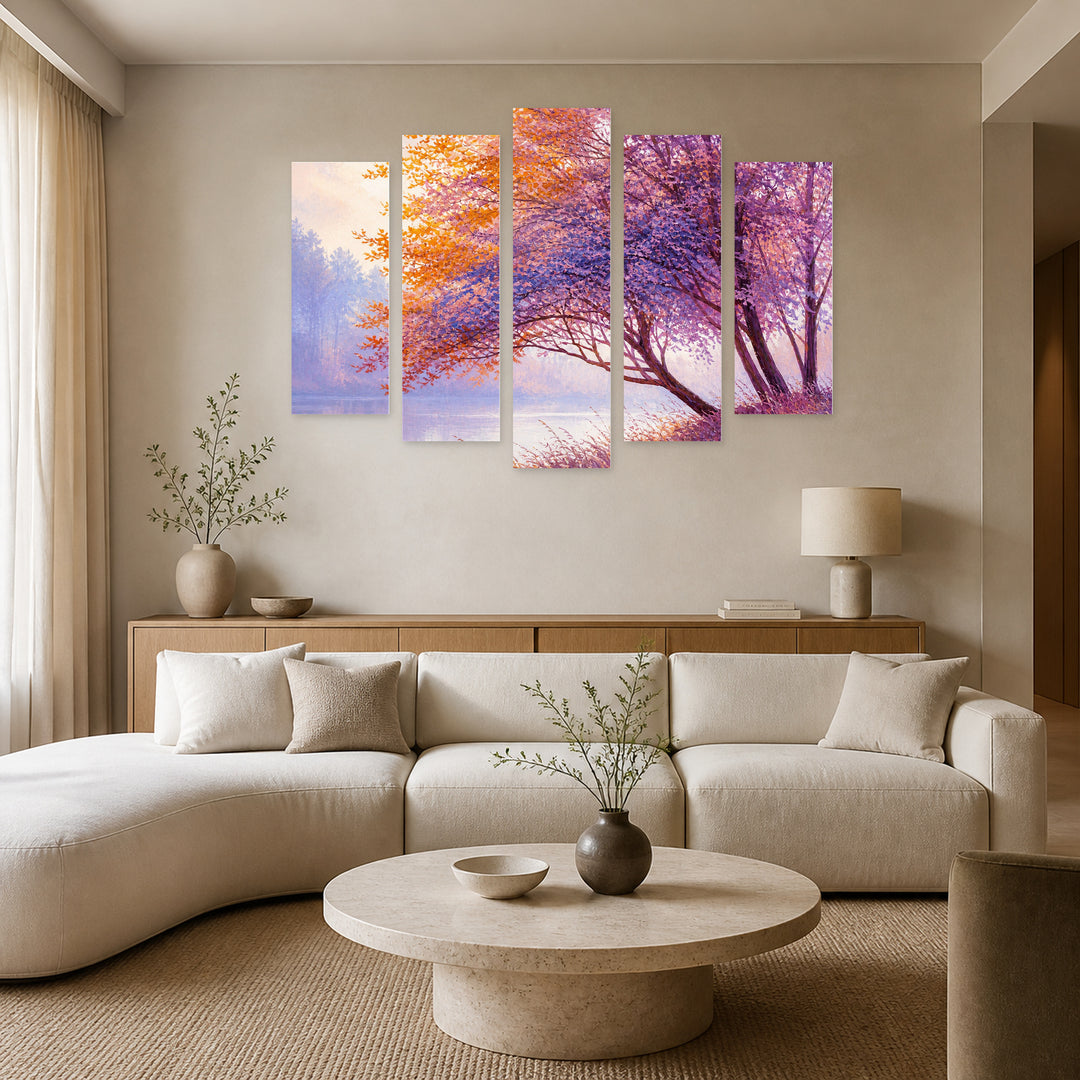 Landscape with Colorful Autumn Forest with Dreamlike Atmosphere — five-panel wall art in alternate frontal interior | 5wallart 54468 M4