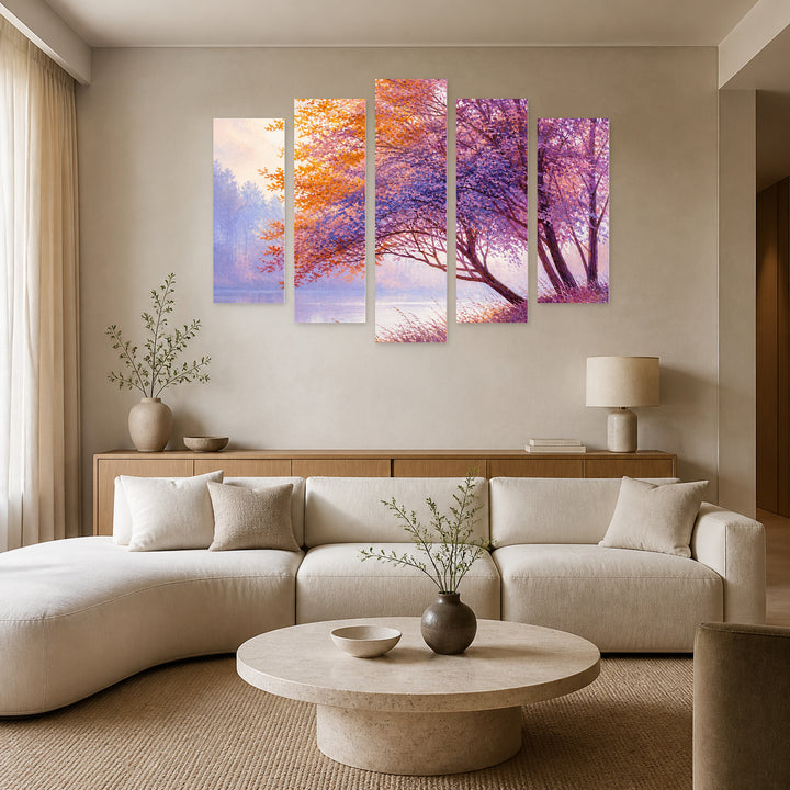 Landscape with Colorful Autumn Forest with Dreamlike Atmosphere — five-panel wall art in alternate frontal interior | 5wallart 54468 M4