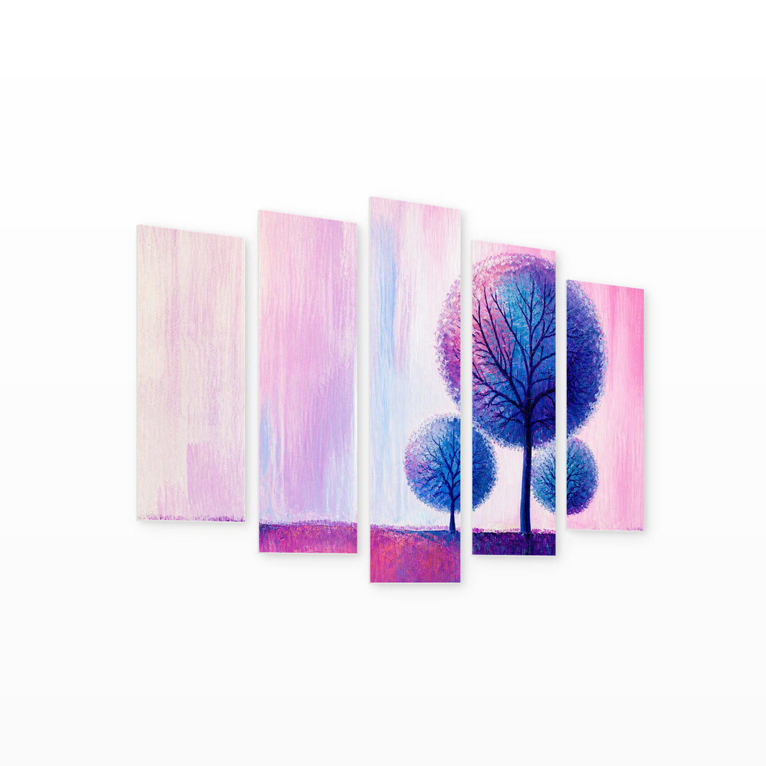 Round Abstract Trees with Geometric Rhythm — five-panel wall art on white background in perspective | 5wallart 54469 M1