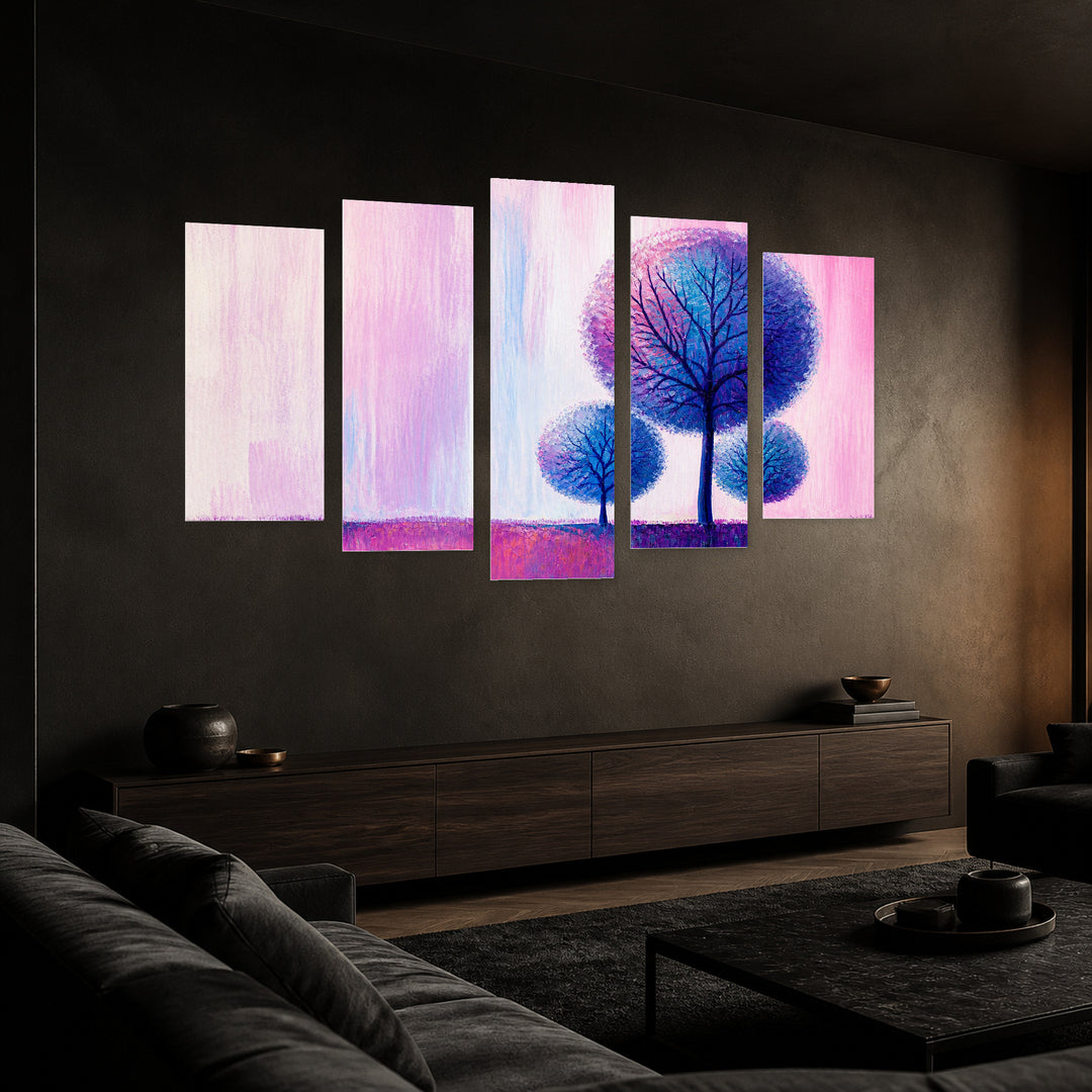 Round Abstract Trees with Geometric Rhythm — five-panel wall art in perspective interior | 5wallart 54469 M2