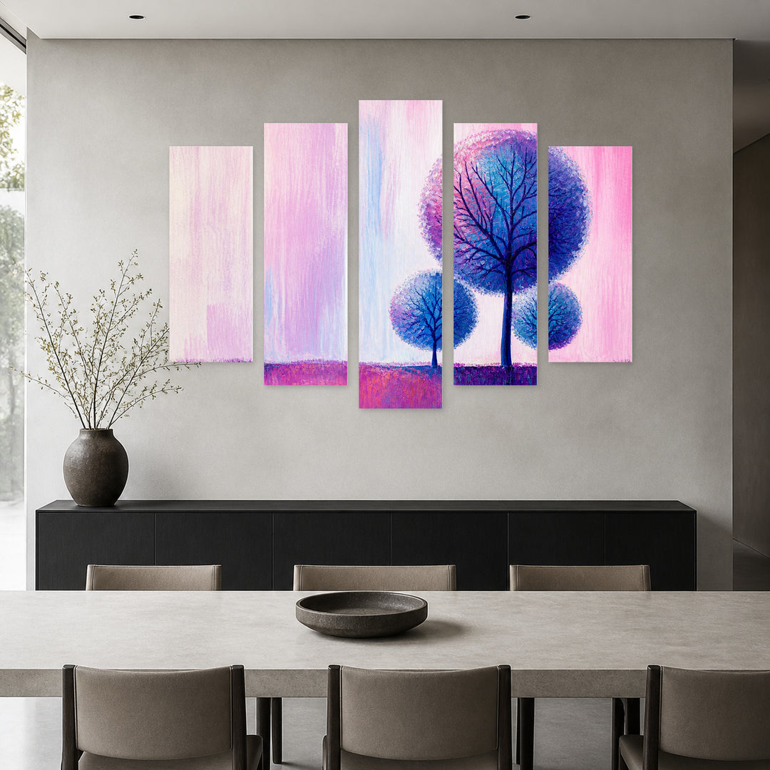 Round Abstract Trees with Geometric Rhythm — five-panel wall art in alternate frontal interior | 5wallart 54469 M4