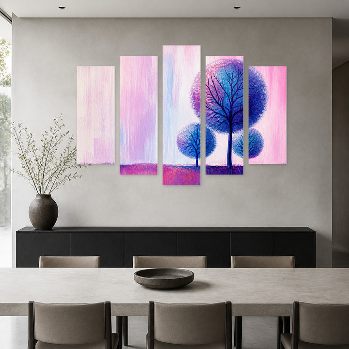 Round Abstract Trees with Geometric Rhythm — five-panel wall art in alternate frontal interior | 5wallart 54469 M4