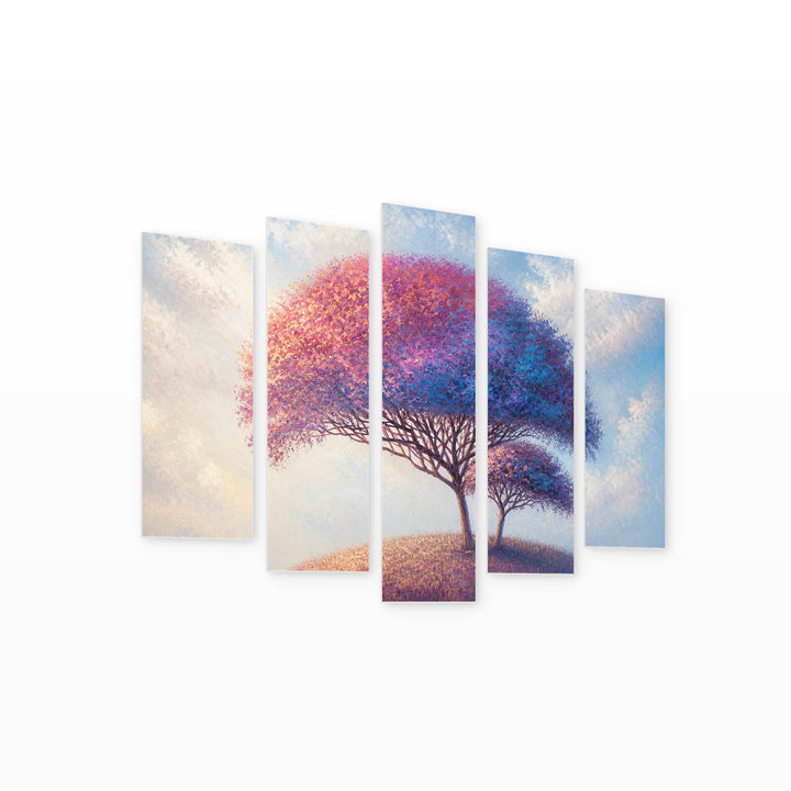 Landscape with Colorful Abstract Trees in Serene Light — five-panel wall art on white background in perspective | 5wallart 54470 M1