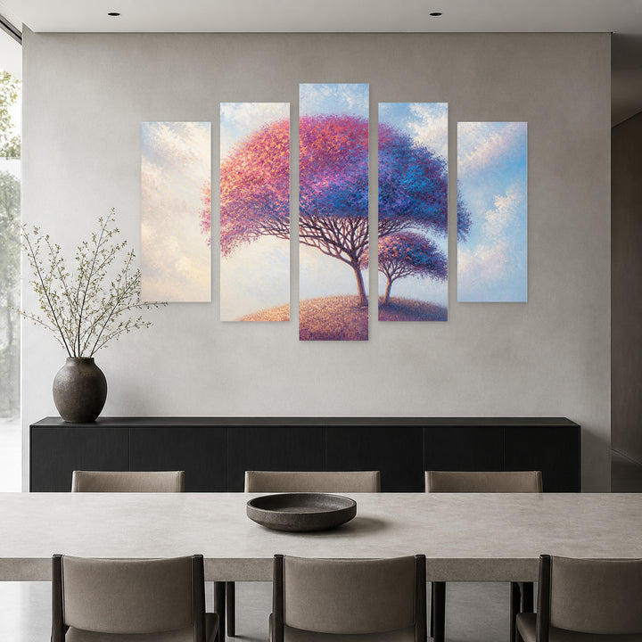 Landscape with Colorful Abstract Trees in Serene Light — five-panel wall art in frontal interior | 5wallart 54470 M3