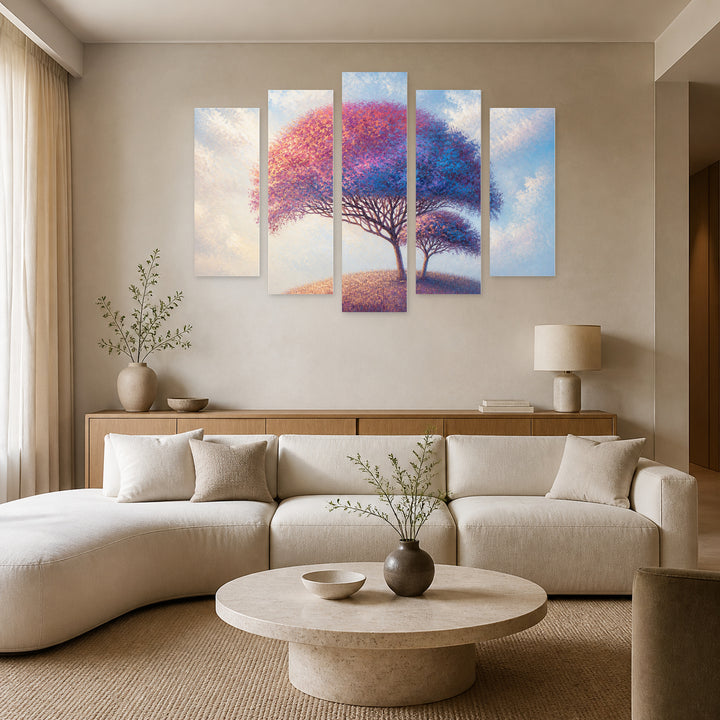 Landscape with Colorful Abstract Trees in Serene Light — five-panel wall art in alternate frontal interior | 5wallart 54470 M4